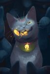  animal animal_focus bell biting broken cat coin colored_sclera fangs glowing glowing_eyes gold_coin head_tilt highres jingle_bell looking_at_viewer maneki-neko mouth_hold one_eye_closed original prussiancatdog smirk solo statue yellow_sclera 