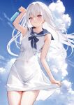  1girl blue_sky blurry blurry_background cloud cloudy_sky covered_navel day food highres long_hair looking_at_viewer mignon original outdoors popsicle ribbon simple_background skirt_hold sky solo 