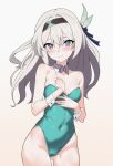  absurdres aqua_leotard armpit_crease ass_visible_through_thighs bare_shoulders blue_eyes blush breasts cameltoe covered_navel detached_collar embarrassed firefly_(honkai:_star_rail) frown grey_hair hair_between_eyes hairband highres honkai:_star_rail honkai_(series) long_hair multicolored_eyes neinlol pink_eyes small_breasts sweat wrist_cuffs 