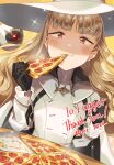  1girl black_gloves blonde_hair blunt_bangs blush cape chewing collared_cape commentary commission disembodied_eye dress eating eitri_(fire_emblem) english_commentary fire_emblem fire_emblem_heroes food gloves hands_up hat high_collar highres holding holding_food long_hair long_sleeves oi! pink_eyes pizza pizza_slice second-party_source skeb_commission solo sparkle thank_you third_eye twitter_username upper_body white_cape white_dress white_headwear witch_hat 