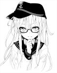  anchor_symbol bespectacled glasses greyscale hand_on_own_chin hat hibiki_(kantai_collection) hikobae kantai_collection long_hair looking_at_viewer messy_hair monochrome simple_background solo upper_body white_background 