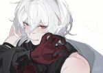  1boy a_date_with_death bare_shoulders bishounen black_gloves blush casper_(a_date_with_death) coat gloves jacket long_hair male_focus mtk_(souko) red_eyes simple_background sleeveless solo toned toned_male upper_body white_background white_hair 