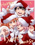  1boy 2girls absurdres alternate_costume amami_tokko black_hair blue_eyes blush christmas commentary_request creature creature_on_shoulder english_text fate/grand_order fate_(series) fou_(fate) fujimaru_ritsuka_(female) fujimaru_ritsuka_(female)_(white_christmas) fujimaru_ritsuka_(male) fujimaru_ritsuka_(male)_(white_christmas) fur-trimmed_headwear fur-trimmed_robe fur-trimmed_sleeves fur_trim hair_over_one_eye hat highres holding holding_sack long_sleeves looking_at_viewer mash_kyrielight merry_christmas multiple_girls official_alternate_costume on_shoulder one_eye_covered open_mouth orange_hair pink_hair purple_eyes red_headwear red_robe robe sack santa_hat teeth upper_teeth_only v 