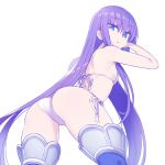  arched_back ass bangs bikini blue_eyes blue_legwear breasts chan_co commentary_request cowboy_shot eyebrows_visible_through_hair fate/extra fate/extra_ccc fate/grand_order fate_(series) from_behind hair_ribbon leaning_forward long_hair looking_at_viewer looking_back meltlilith open_mouth purple_hair ribbon side-tie_bikini simple_background single_sidelock small_breasts swimsuit thighhighs very_long_hair white_background white_bikini 