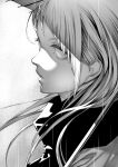  1girl braid braided_bangs character_request closed_mouth diagonal_bangs eyelashes floating_hair from_side greyscale hair_behind_ear highres long_hair looking_ahead monochrome mononogatari oil-paper_umbrella onigunsou portrait rain solo turtleneck umbrella 