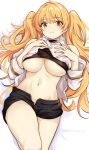  1girl areola_slip black_shorts black_sports_bra blonde_hair blush breasts clothes_lift clothing_cutout granblue_fantasy highres kztk large_breasts long_hair long_sleeves looking_at_viewer monika_weisswind navel shirt shorts shoulder_cutout solo sports_bra thighs twintails underboob white_shirt yellow_eyes 