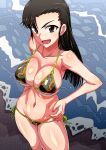  armpits bikini black_hair blush breasts brown_eyes camouflage camouflage_bikini collarbone girls_und_panzer groin hand_on_hip highres large_breasts looking_at_viewer looking_up navel nishi_kinuyo open_mouth side-tie_bikini smile solo swimsuit swimwear zasshu_nigou 