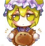  1girl blonde_hair blush chibi closed_mouth crab food fumo_(doll) hair_between_eyes hat highres holding holding_food jitome looking_at_viewer mob_cap short_hair signature simple_background solo straight-on touhou upper_body white_background yakumo_ran yakumora_n yellow_eyes 