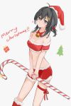  1girl ahoge arknights bare_shoulders bell black_hair blue_eyes breasts candy candy_cane choker cleavage commentary_request crop_top feet_out_of_frame food grey_background hat highres holding holding_candy holding_food jonnodraws la_pluma_(arknights) looking_at_viewer medium_breasts medium_hair merry_christmas midriff navel off-shoulder_shirt off_shoulder red_choker red_headwear red_shirt red_shorts santa_hat shirt short_sleeves shorts smile solo standing stomach thigh_strap 