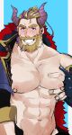  1boy abs absurdres bara beard bergamond_(crave_saga) blue_background blue_eyes blush chest_hair collarbone colored_sclera crave_saga demon_horns elbow_gloves eyebrow_cut facial_hair fingerless_gloves gloves grabbing grin highres horns jewelry large_pectorals long_hair looking_at_viewer male_focus mature_male multicolored_hair muscular muscular_male navel_hair nipple_piercing nipple_rings official_alternate_costume open_clothes pectoral_grab pectorals piercing ponytail purple_hair shy smile solo sweatdrop thick_eyebrows thick_mustache tongue tongue_out two-tone_hair unfinished usuki_(usukine1go) yellow_sclera 