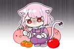  1girl :3 :i animal_ear_fluff animal_ears apple black_bow blunt_bangs boots bow cat_ears disappointed ear_piercing food fruit gloves indie_virtual_youtuber kneeling medium_hair mikeneko_(utaite) overalls peach persimmon piercing pink_hair rake red_eyes sad sakana_(saka11205) short_twintails smile suika_game triangle_mouth twintails white_gloves 