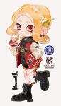  1girl absurdres black_choker black_footwear black_hoodie blonde_hair boots choker closed_mouth commentary_request earrings full_body hand_in_pocket highres hood hoodie jacket jewelry letterman_jacket medium_hair myon_rio octoling octoling_girl red_eyes simple_background solo splatoon_(series) standing standing_on_one_leg tentacle_hair white_background 