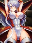  1girl absurdres armor armpits arms_up athletic_leotard black_thighhighs blush breasts brick_wall claret_(langrisser) closed_mouth covered_navel cowboy_shot dot_nose dungeon footbird groin highleg highleg_leotard highres indoors langrisser langrisser_v large_breasts legs_apart leotard long_hair looking_afar parted_bangs partially_visible_vulva pauldrons shiny_clothes shiny_skin shoulder_armor sidelocks solo standing thighhighs thighs wavy_hair white_hair white_leotard yellow_eyes 