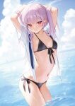  1girl arms_behind_head arms_up blue_sky breasts cloud cloudy_sky day highres long_hair mignon navel ocean original outdoors purple_hair red_eyes simple_background sky small_breasts solo stomach water 