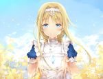  alice_schuberg aqua_eyes blonde_hair clouds dress flowers headdress long_hair petals sky sword_art_online taro_(ultrataro) 