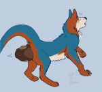 ambiguous_gender blue_body blue_fur canid canine canis domestic_dog ears_up exclamation_point feces feral fur hi_res mammal orange_body orange_fur pooping scat solo tail white_body white_fur