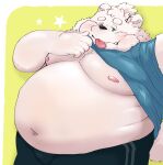 2023 absurd_res anthro bear belly big_belly blush bottomwear clothed clothing clothing_lift hi_res kemono male mammal moobs navel nipples obese obese_male overweight overweight_male pants polar_bear shirt shirt_lift simple_background solo tongue tongue_out topwear ursine yanununununu