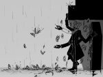  1boy animal_head bug butterfly coat coffin collared_shirt extra_arms funeral_of_the_dead_butterflies gloves greyscale highres lobotomy_corporation long_sleeves maskv monochrome pants project_moon rain ripples shirt shoes standing suit water wing_collar 