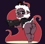 anthro book bovid butt caprine cloak clothing crown cult_of_the_lamb dark_body dark_skin female fur genitals headgear hi_res horn humanoid lamb_(cult_of_the_lamb) looking_back mammal pussy sheep shy_ayu smile solo spread_pussy spreading tagme tail thick_thighs wool_(fur)