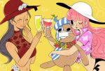  ^_^ black_hair cesel closed_eyes commission cup english_commentary eyelashes flower hat holding holding_cup kumacy long_hair nico_robin one_eye_closed one_piece perona pink_hair red_headwear rose sidelocks swimsuit upper_body white_flower white_headwear white_rose yellow_background 