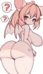  1girl ? absurdres ahoge animal_ears ass back bat_ears bat_girl bat_wings breasts completely_nude furry heart highres large_breasts looking_at_viewer looking_back medium_hair nipples nude original pink_hair pink_wings red_eyes simple_background solo spoken_question_mark sweat type_moll white_background wings 