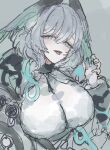  1girl absurdres aqua_eyes arknights breasts dress fingerless_gloves gloves green_background grey_hair hair_between_eyes head_wings highres ho&#039;olheyak_(arknights) large_breasts looking_at_viewer medium_hair open_mouth rocb simple_background sketch solo tongue upper_body white_dress white_gloves wings 
