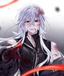  1boy a_date_with_death bare_shoulders bishounen black_gloves blood blood_on_clothes blood_on_face blood_stain casper_(a_date_with_death) coat gloves highres jacket long_hair male_focus open_mouth red_eyes sanfangzhu58831 simple_background sleeveless solo toned toned_male upper_body white_hair 