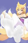  1girl absurdres animal_ear_fluff animal_ears bare_shoulders blonde_hair blush chest_tattoo commentary_request convenient_leg crossed_legs eyeliner eyeshadow fang feet flat_chest foot_focus fox_ears fox_girl fox_tail green_eyes hair_between_eyes hair_ribbon highres japanese_clothes kimono kitsune kyuubi legs long_hair looking_at_viewer makeup mini_sokay3 mon-musu_quest! monster_girl multiple_tails no_shoes open_mouth purple_background purple_sash red_eyeliner red_eyeshadow red_ribbon ribbon rope sash shimenawa sitting skindentation slit_pupils smell smile soles solo steam tabi tail tamamo_(mon-musu_quest!) tattoo toes variant_set white_kimono 
