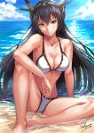  artist_name beach bikini black_hair blush breasts cleavage closed_mouth cloud collarbone day gusset hair_between_eyes headgear kantai_collection knee_up large_breasts light_rays long_hair nagato_(kantai_collection) ocean outdoors partially_submerged red_eyes sakiyamama sand sitting smile solo spread_legs swimsuit water wet white_bikini 