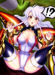  !? 1girl :o armor black_thighhighs blush boots breasts claret_(langrisser) colored_skin dot_nose fingernails footbird grass green_skin highleg highleg_leotard highres knee_boots langrisser langrisser_v large_breasts leotard long_hair looking_at_viewer m_legs multicolored_eyes open_mouth orc parted_bangs pauldrons pov red_eyes shiny_clothes shiny_skin shoulder_armor sidelocks size_difference solo_focus spoken_interrobang spread_legs thighhighs w_arms white_hair white_leotard wide-eyed yellow_eyes 