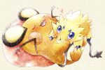  animal_focus artist_name blue_eyes closed_eyes commentary_request dedenne grey_background highres joltik mouse no_humans open_mouth pokemon pokemon_(creature) remedy_matome simple_background sleeping twitter_username whiskers yellow_fur 