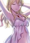  1girl arm_behind_head armpits arms_up babydoll blonde_hair breasts clarice_(idolmaster) cleavage closed_eyes closed_mouth collarbone frilled_babydoll idolmaster idolmaster_cinderella_girls idolmaster_cinderella_girls_starlight_stage long_hair medium_breasts midriff namiko817 navel sidelocks simple_background solo white_babydoll white_background 