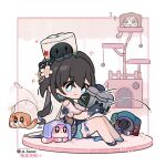  &gt;_&lt; 1girl aixixixixi animal_on_head aqua_eyes aqua_footwear black_cat black_hair blade_(sesame_cake)_(honkai:_star_rail) blue_dress blue_gloves border bow cat cat_on_head cat_teaser cat_tower chibi chinese_knot closed_mouth clothing_cutout critter_pick_(honkai:_star_rail) dan_heng_(rice_dumpling)_(honkai:_star_rail) dress flower gloves grey_cat guinaifen_(troublemaker)_(honkai:_star_rail) hair_flower hair_ornament highres holding honkai:_star_rail honkai_(series) knees_up march_7th_(ice_cake)_(honkai:_star_rail) on_head orange_cat outside_border pink_background pink_cat ponytail red_bow ruan_mei_(honkai:_star_rail) shoes short_dress short_sleeves shoulder_cutout sitting sleeping smile solo sparkle sparkling_eyes thighlet trailblazer_(trash_cake)_(honkai:_star_rail) v-shaped_eyes white_border yellow_eyes zzz 