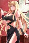  1girl black_dress blonde_hair breasts cleavage closed_mouth commentary_request dress fate_testarossa highres indoors large_breasts long_hair looking_at_viewer lyrical_nanoha mahou_shoujo_lyrical_nanoha_strikers navel red_eyes smile solo sougetsu_izuki standing very_long_hair 