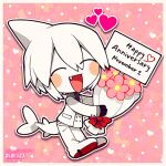  1boy ^_^ artist_name black_gloves blush_stickers border bow chibi closed_eyes colored_skin commission commissioner_name fang fins fish_tail funamusea funamusea_(artist) gloves happy_anniversary heart necktie official_art oounabara_to_wadanohara open_mouth pants pink_background polka_dot polka_dot_background red_bow shark_boy shark_fin shark_tail skeb_commission solo syake_(wadanohara) tail white_border white_footwear white_pants white_skin 