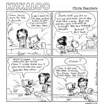 2007 ambiguous_gender anthro black_and_white child chris_sanders comic detailed_background dialogue domestic_cat duo eye_patch eyewear felid feline felis frown hindpaw human kiskaloo leaf mammal monochrome official_art paws sitting smile speech_bubble tail tape toony whiskers young