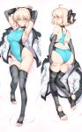  ahoge aqua_swimsuit armpits arms_up ass bare_shoulders bed_sheet black_legwear blonde_hair blush bow breasts choker collarbone competition_swimsuit dakimakura deep_skin fate/grand_order fate_(series) feet grey_eyes groin hair_bow harukon_(halcon) highleg highleg_swimsuit highres jacket jacket_removed large_breasts long_sleeves looking_at_viewer lying multiple_views okita_souji_(fate) okita_souji_(fate)_(all) on_back on_stomach one-piece_swimsuit open_mouth short_hair short_ponytail sideboob smile soles stirrup_legwear swimsuit thighhighs toeless_legwear 