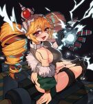  1girl absurdres black_panties breasts commentary_request commission crown drill_hair electricity gloves highres large_breasts long_hair looking_at_viewer orange_hair original panties qwas69 red_eyes robot_girl single_glove sitting solo twin_drills underwear 