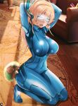  arms_behind_head artist_name assault_visor blonde_hair blue_bodysuit bodysuit breasts cleavage commission cosplay couch crossed_bangs dawapat english_commentary english_text forced_orgasm hair_between_eyes impossible_bodysuit impossible_clothes indoors kneeling large_breasts long_hair nakiri_erina open_mouth paid_reward_available purple_eyes samus_aran samus_aran_(cosplay) shokugeki_no_souma variant_set zero_suit 