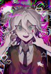  1boy :d arrow_(symbol) black_necktie brown_eyes brown_jacket brown_vest collared_shirt danganronpa_(series) danganronpa_3_(anime) grey_hair heart highres jacket kaiko_(pixiv_42903528) komaeda_nagito male_focus medium_hair messy_hair multicolored_background nail_polish necktie open_clothes open_jacket open_mouth red_nails shirt smile solo_focus tears teeth upper_body upper_teeth_only vest 