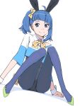  1girl akinbo_(hyouka_fuyou) animal_ears black_hairband black_leotard blue_eyes blue_hair blue_panties bow bowtie closed_mouth dutch_angle fake_animal_ears green_footwear hair_bow hairband high_heels highres hirogaru_sky!_precure leotard long_hair looking_at_viewer panties precure pumps rabbit_ears side_ponytail simple_background sitting smile solo sora_harewataru underwear white_background wrist_cuffs yellow_bow yellow_bowtie 
