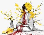  1boy black_hair blood blood_in_hair blood_on_clothes blood_on_face branch closed_mouth coat e.g.o_(project_moon) flaw_eight flower flower_over_eye grey_coat holding holding_branch limbus_company long_sleeves project_moon sitting solo vase white_hanbok wide_sleeves wings yellow_eyes yellow_flower yi_sang_(project_moon) 