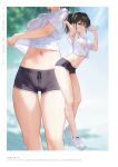  1girl blue_eyes bottle breasts brown_hair highres holding looking_at_viewer mignon original plastic_bottle see-through shoes short_sleeves shorts simple_background smile sneakers solo water water_bottle water_drop wet wet_clothes 