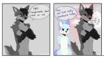 &lt;3 2023 anthro blue_body blue_fur canid canine crossed_arms dialogue digital_media_(artwork) duo english_text fingerless_(marking) fox fur gloves_(marking) male mammal markings navel speech_bubble spraykitty text white_body white_fur