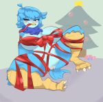 absurd_res anthro aroused avian beak birbmabe bird blue_eyes blue_hair blush bodily_fluids bound bow_ribbon christmas christmas_tree feathers feet female genital_fluids genitals hair hi_res holidays martlet_(undertale_yellow) neck_tuft nipples nude plant precum pussy red_tape solo tail tail_feathers talons toes tree tuft undertale undertale_(series) undertale_yellow wings