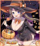  1girl alternate_costume bat_(animal) bat_wings belt black_belt black_skirt black_thighhighs blue_eyes blush bow bowtie breasts brown_hair bucket building candy candy_wrapper chocolate chocolate_bar city_lights cleavage cobblestone cross-laced_slit detached_collar fang food food_on_face gradient_sky hair_ornament halloween halloween_bucket halloween_costume hamster happy_halloween hat heart highres holding holding_candy holding_food holding_lollipop jack-o&#039;-lantern large_breasts lollipop long_hair looking_at_viewer minori_(senran_kagura) namanama12ruiji night night_sky open_mouth orange_bow orange_bowtie pleated_skirt pumpkin ring_hair_ornament senran_kagura senran_kagura_shinovi_versus shiny_skin side_slit skindentation skirt sky smile solo standing star_(sky) star_(symbol) starry_sky sweets swirl_lollipop thighhighs tongue trick_or_treat twintails wings witch witch_hat wrapped_candy 