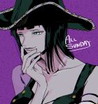  1girl black_hair black_headwear blue_eyes breasts cleavage closed_mouth collarbone commentary_request cowboy_hat crop_top cross-laced_clothes english_text hand_on_own_face hat highres large_breasts looking_to_the_side medium_hair nico_robin nsgw one_piece purple_background simple_background smile solo 