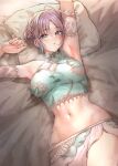  1girl absurdres ahoge arm_up armpits asakura_toru bed bikini blush breasts chinese_clothes cleavage highres idolmaster idolmaster_shiny_colors large_breasts lying midriff navel on_back on_bed pillow see-through see-through_sleeves short_hair steaming_body sweat swimsuit thighs tonguewasabi 