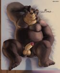 2023 absurd_res anthro balls bear bed belly big_belly black_body bodily_fluids erection furniture genital_fluids genitals hi_res lying male mammal moobs nipples overweight overweight_male penis penis_shadow precum solo_focus spectacled_bear text tremarctine warmbrr