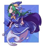  1girl blue_cape blue_capelet blue_skirt blue_theme blue_vest bow bowtie cape capelet ghost_tail green_eyes green_hair hat holding holding_staff long_hair looking_to_the_side mima_(touhou) skirt soemy staff sun_print touhou touhou_(pc-98) vest wizard_hat yellow_bow yellow_bowtie 